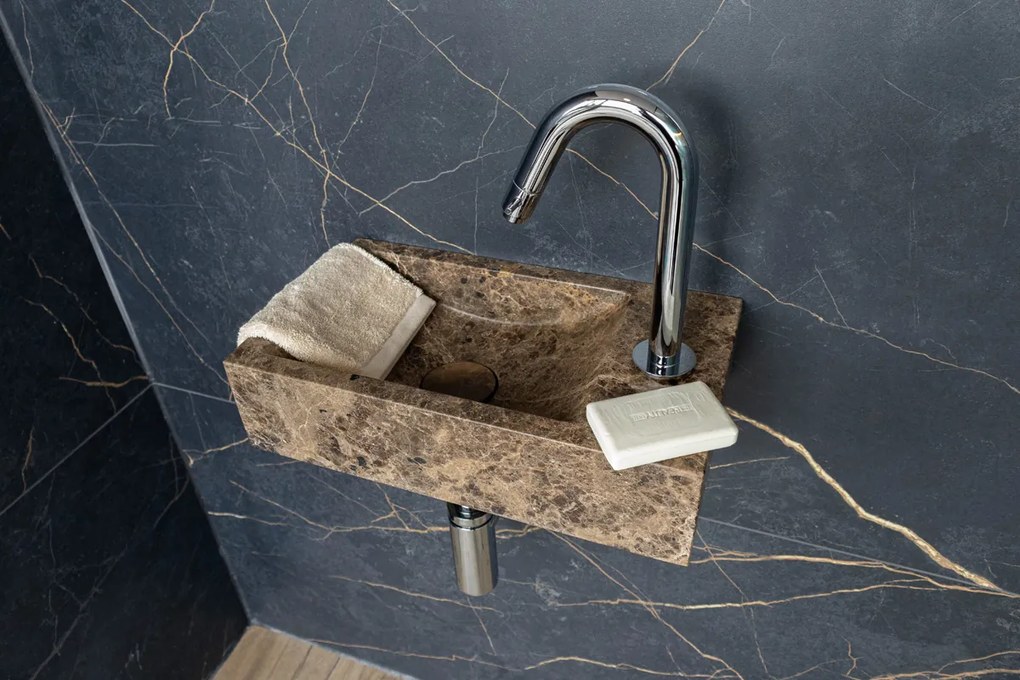 Saniclear Dark Emperador fonteinset met gebogen kraan in chroom