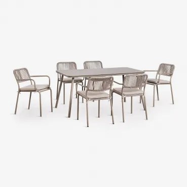 Rechthoekige Eettafelset 160x90 Cm Met 6 Stapelbare Eetkamerstoelen Van Gevlochten Touw Arhiza Moka Bruin - Sklum