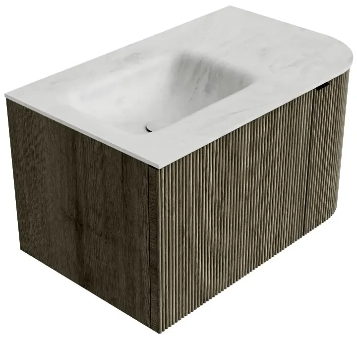 Mondiaz Kurve-dlux 75cm badmeubel ronding rechts shadow met 1 lade en deur en wastafel grunne kraangat links opalo