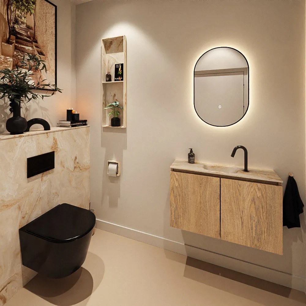 Mondiaz Ture DLux toiletmeubel 80cm washed oak met wastafel frappe midden met kraangat