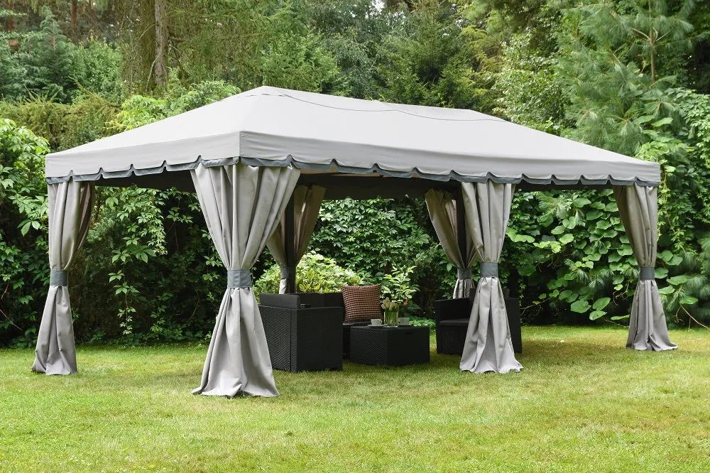 Grijs tuinpaviljoen met gordijnen Valencia 4x6m Garden Point