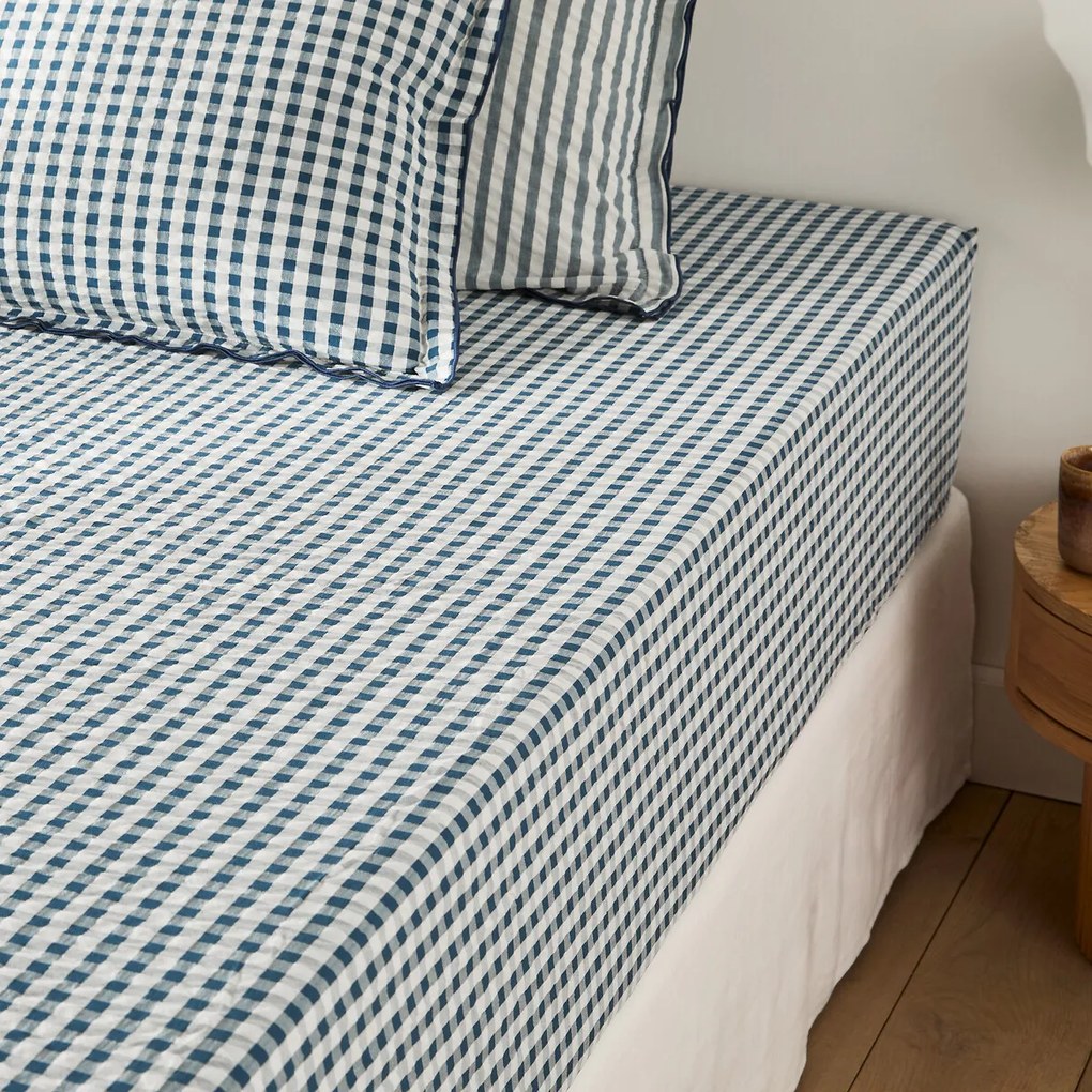 Hoeslaken katoen seersucker 30 cm, Cottage blauw