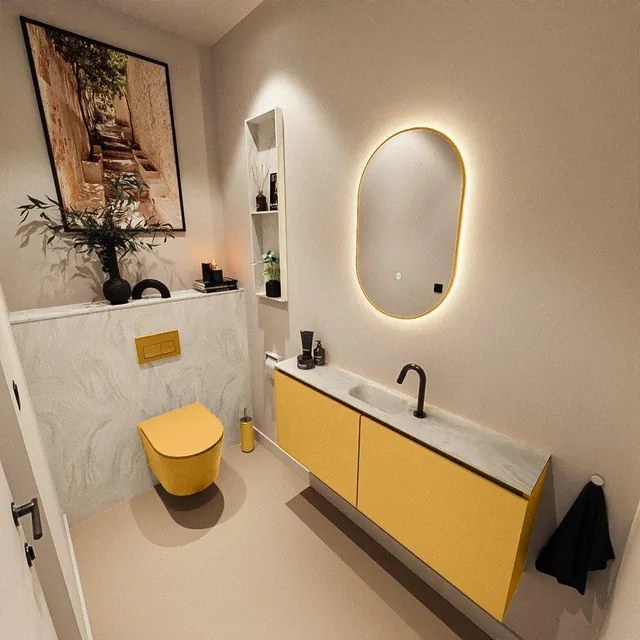 MONDIAZ TURE-DLUX 120cm toiletmeubel Ocher. EDEN wastafel Ostra positie midden. Met 1 kraangat. TUREDX120OCHM1OST