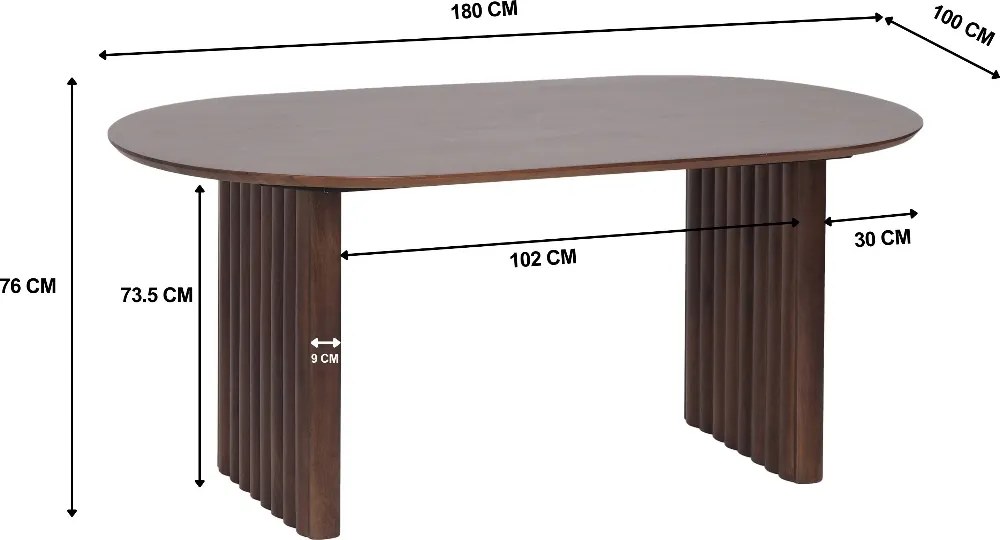 Eettafel Geribbelde Poot 180cm - 180 X 100cm.