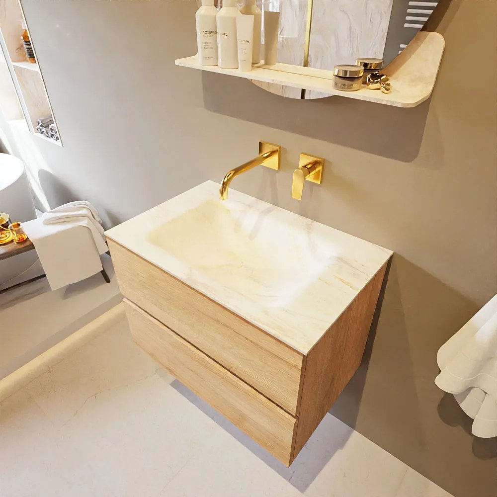 Mondiaz Vica DLux badmeubel 70cm washed oak 2 lades met wastafel ostra midden zonder kraangat