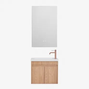 Narek Zwevend Houten Badkamermeubelset Met Geïntegreerde Wastafel Ash Brown & Rectangular Led And Antifog 55x90 Cm Riben & Roségoud Geborsteld - Sklum