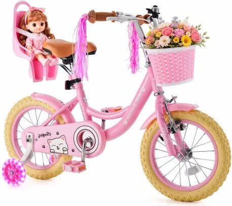 VEVOR Kinderfiets voor 3-5 jaar, 35,5 cm racefiets met zijwieltjes, roze, meisjesfiets, frame van koolstofstaal, dubbele remmen, verstelbaar zadel, met poppenzitje en mandje, prinsessenstijl