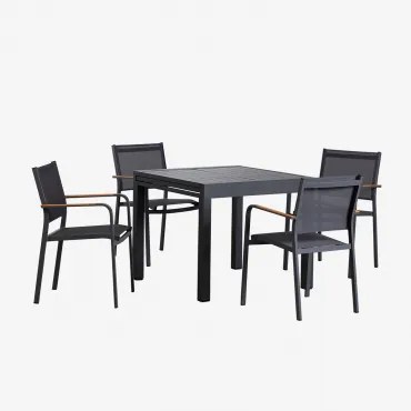 Set Van Rechthoekige Tafel 90-180x90 Cm Uitschuifbaar In Starmi Aluminium En 4 Stapelbare Archer Aluminium Tuinstoelen Grijs – Grafiet - Sklum