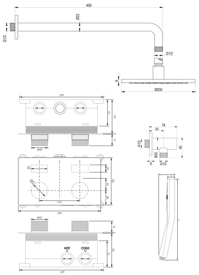 Brauer Chrome Carving thermostatische inbouw regendouche met 3 standen handdouche, gebogen muurarm en hoofddouche 20cm set 57 chroom