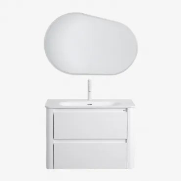 Badkamermeubelset In Hout Met Geïntegreerde Wastafel Egerton Wit & Ovaal Led En Anticondens 100x65 Cm Meunier & Wit ↑20 Cm - Sklum