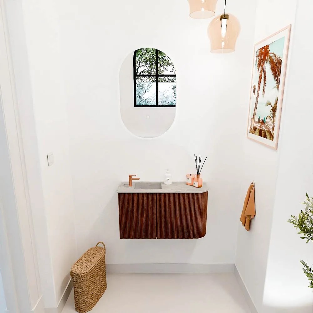 Mondiaz Joya DLux 70cm toiletmeubel ronding rechts ruby met wastafel faye links 1 kraangat glace