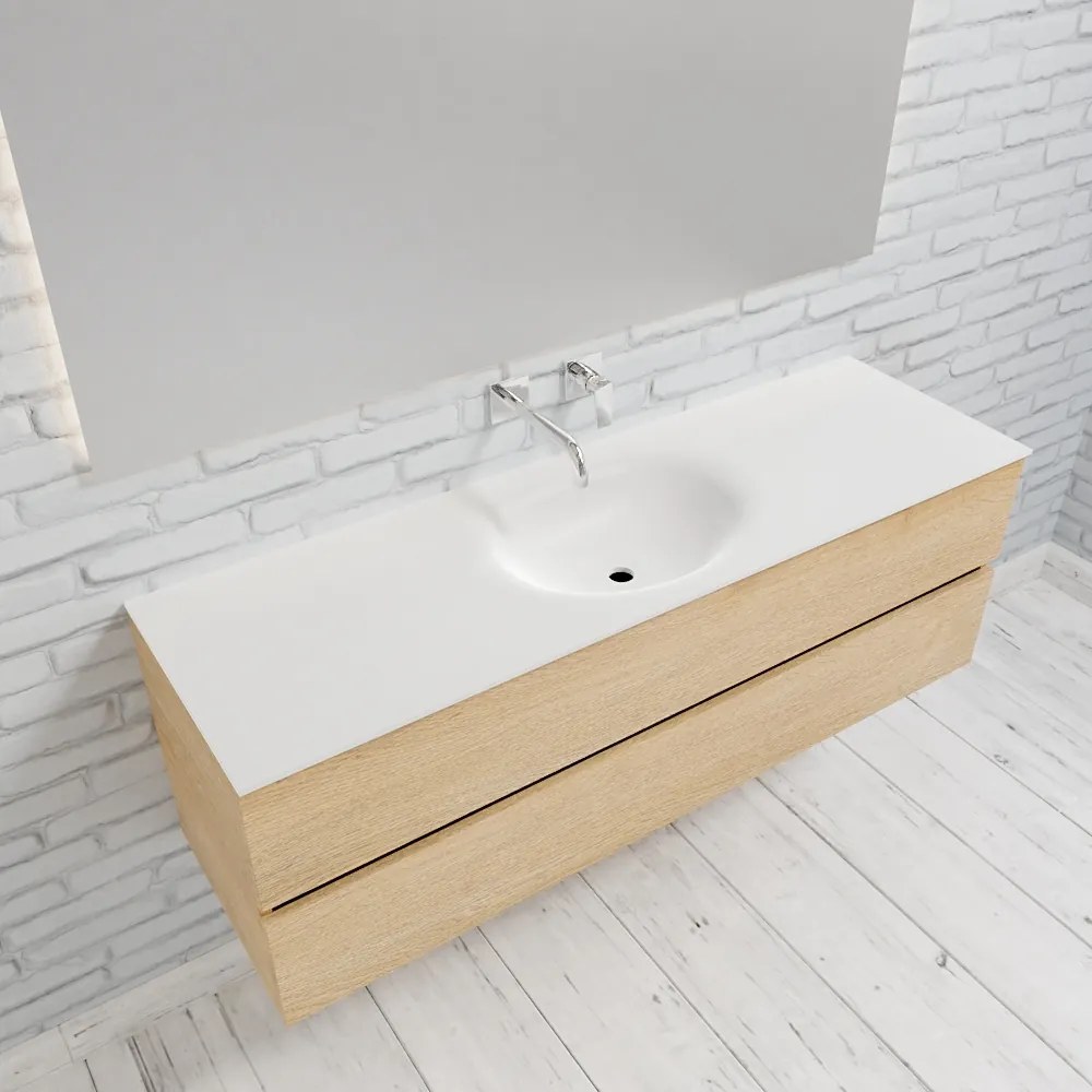 Zaro Sevilla Solid Surface badmeubel 150cm licht eiken zonder kraangat spoelbak midden met 2 lades