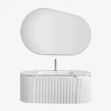 Carsone Houten Badkamermeubelset Met Geïntegreerde Wastafel Wit & Zonder Extra Eenheid & Ovaal Led En Anticondens 120x80 Cm Riben & Goud - Sklum