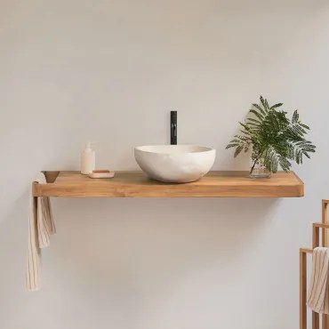 Conjunto Van Meubel 130x45 Cm Hangend In Teakhout Neill Teakhout & Spiegelloze & Mat Zwart ↑30 Cm Met Afvoerkraan Zonder Overloop Orveta & Onregelmati