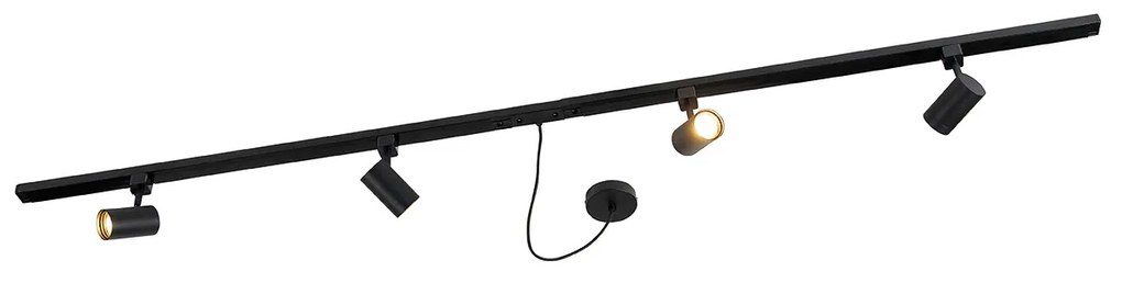 1-fase railsysteem zwart met 4 spots en I voeding rond - Jeana