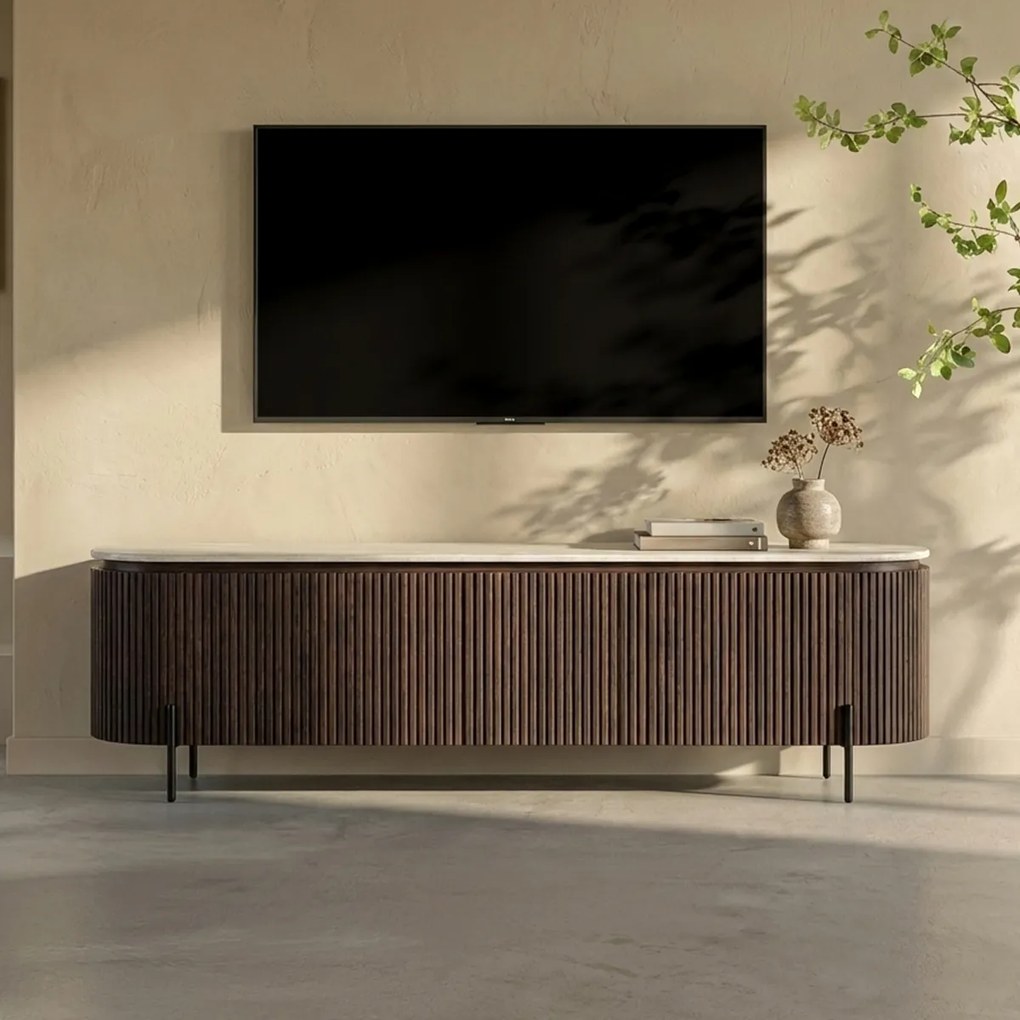 Walnoot Tv-meubel Met Travertin Blad - 200x40x55cm.