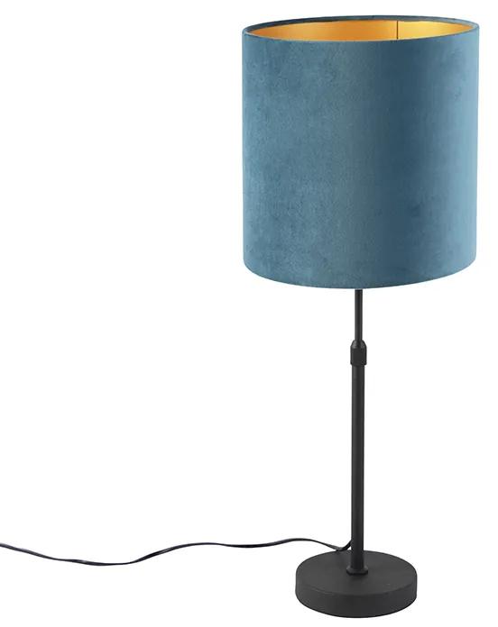 Stoffen Tafellamp zwart met velours kap blauw met goud 25 cm - Parte Klassiek / Antiek E27 cilinder / rond rond Binnenverlichting Lamp