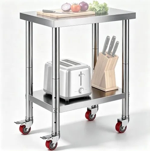 VEVOR roestvrijstalen werktafel 61 x 46 x 86 cm, horecakeukentafel met een draagvermogen van 100 kg, voorbereidingstafel met 4 verstelbare poten, verrijdbare serveertafel voor keuken, bar en restaurant