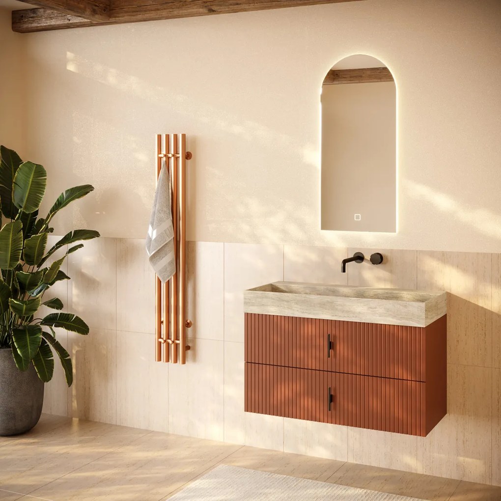 Muebles Murcia badmeubel ribbelfront 100cm terracotta met White Travertin wastafel zonder kraangat