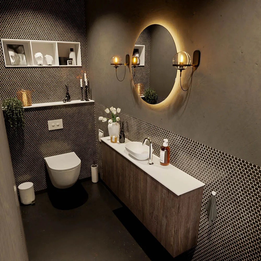 Mondiaz Fowy toiletmeubel 120cm dark brown met witte waskom midden en kraangat