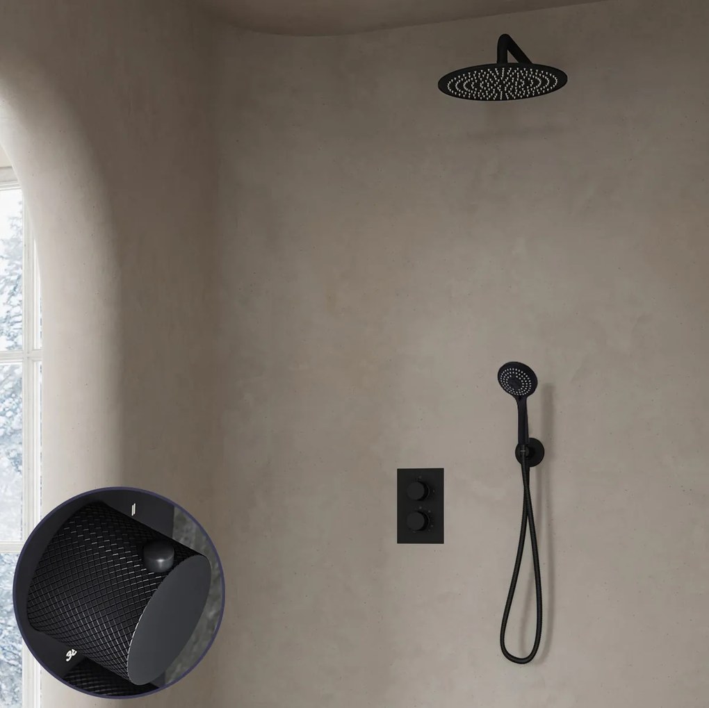 Saniclear Nero Curved inbouw regendouche met 30cm hoofddouche, muurarm en 3 standen handdouche zwart mat