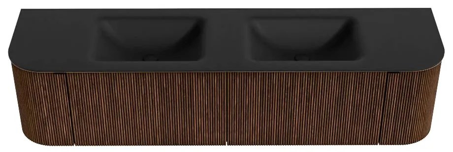 Mondiaz Kurve 180cm badmeubel ronding links/rechts walnut met 2 lades en deuren en wastafel cloud dubbel 2 kraangaten urban