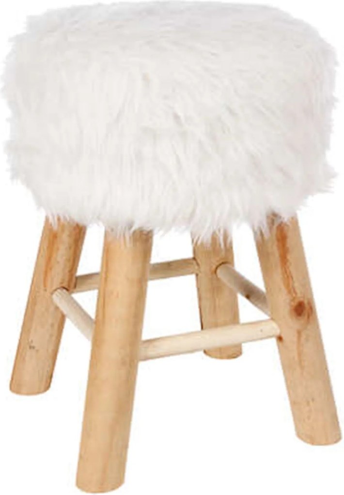 Atmosphera Oslo Bijzet krukje - Wit - D30 x H42 cm - Hout en Fluffy stof