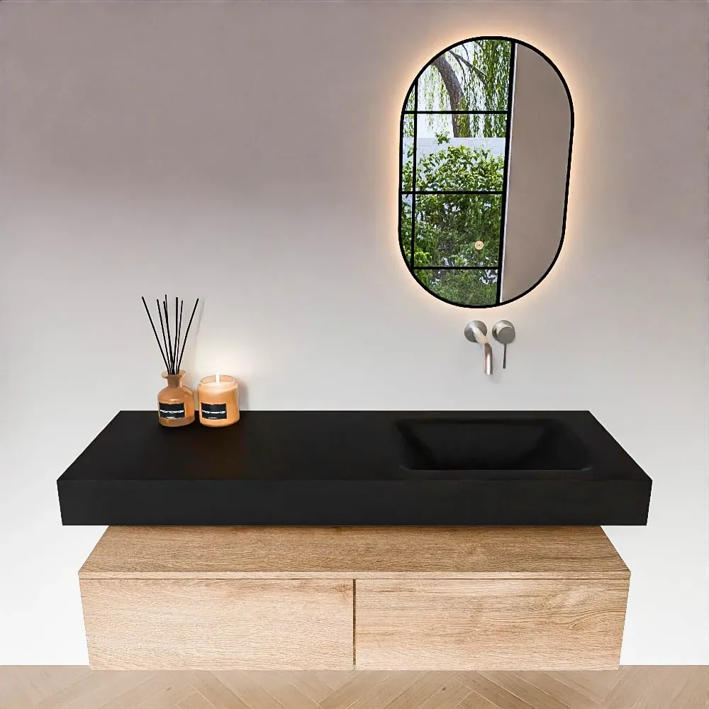 Zaro Alan badmeubel 140cm washed oak 2 lades met vrijhangende wastafel cloud rechts zonder kraangat urban