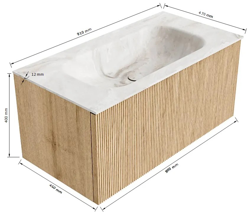 Mondiaz Kurve-dlux 90cm badmeubel oak met 1 lade en wastafel big small midden zonder kraangat ostra