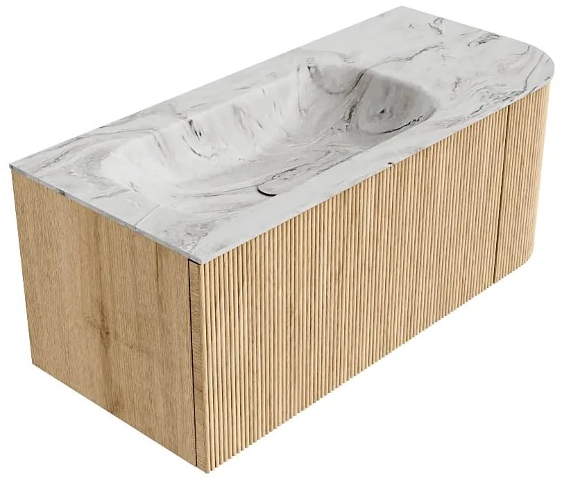 Mondiaz Kurve-dlux 105cm badmeubel ronding rechts oak met 1 lade en deur en wastafel big small kraangat links glace