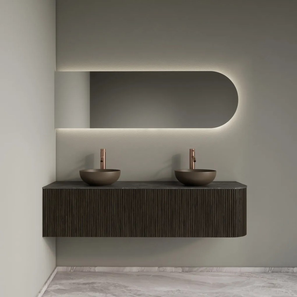 Gliss Design Alluro badmeubel ribbelfront met ronding rechts 160cm charcoal en zwart leisteen toppaneel