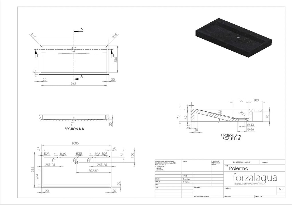 Forzalaqua Palermo wastafel 100x50cm zonder kraangat graniet gepolijst