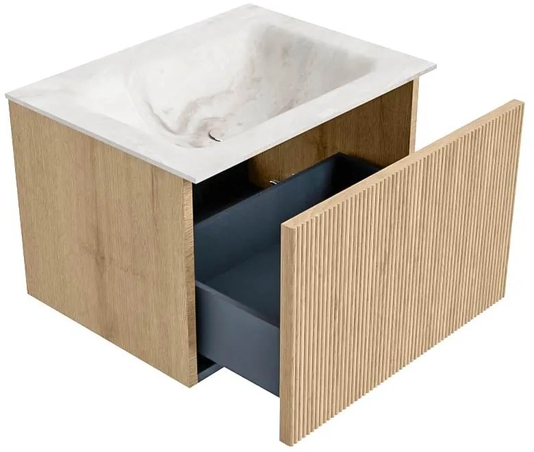 Mondiaz Kurve-dlux 60cm badmeubel oak met 1 lade en wastafel cloud midden zonder kraangat frappe