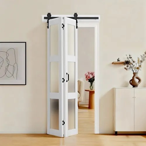 VEVOR Vouwschuifdeur in schuurstijl 914x2134 mm, vouwdeur gemaakt van MDF + gehard glas, inclusief beslag, ruimtebesparend ontwerp, voorgemonteerde panelen voor slaapkamer en woonkamer, wit