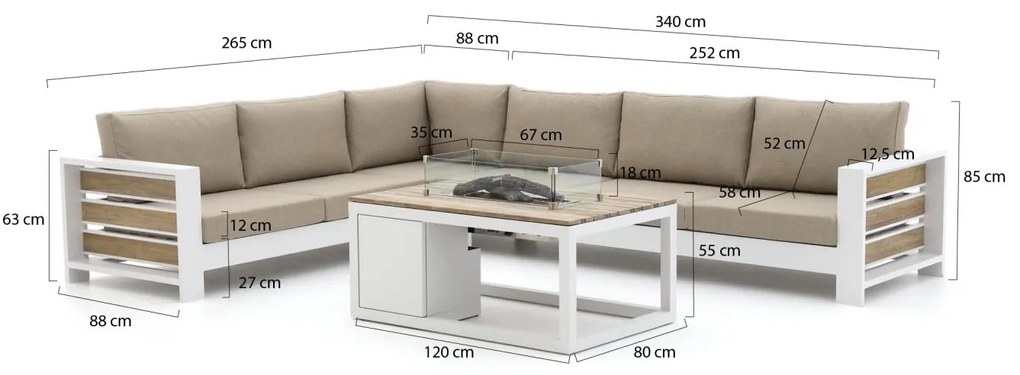 Bellagio Avolo/Cosiraw 120cm hoek loungeset met vuurtafel 3-delig links