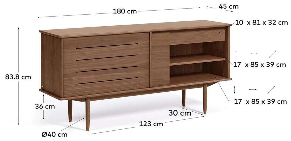 Kave Home Carolin Walnoot Dressoir Vintage Retro Design - 180x45x83.8cm.