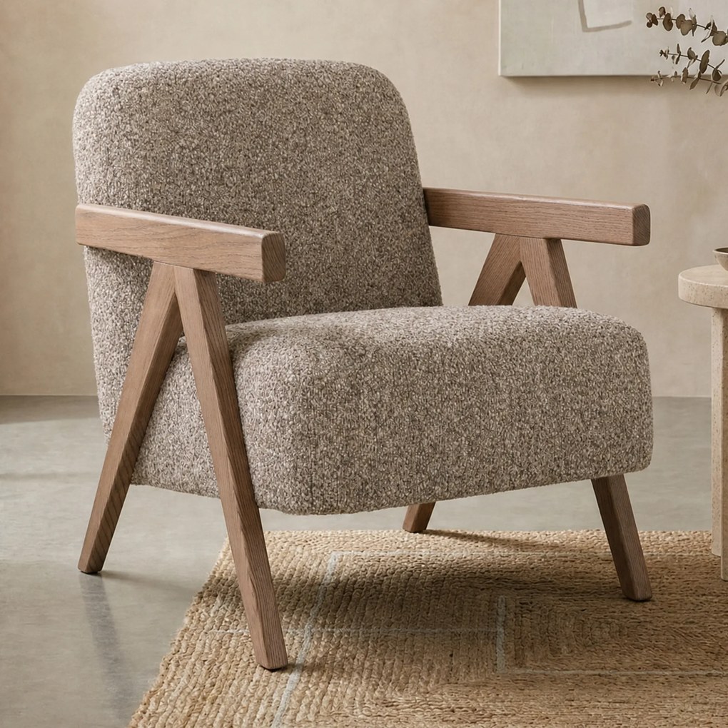 Fauteuil Met Houten Armleuning Taupe