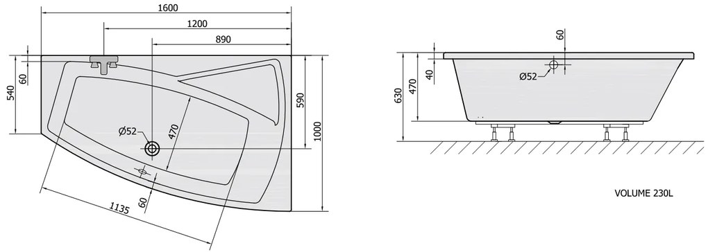 Polysan Evia asymmetrisch bad rechts 160x100x47cm