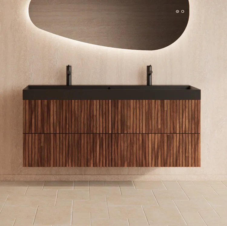 Gliss Design Hybris badmeubel met ribbelfront 140cm walnut met zwarte wastafel zonder kraangat Lako