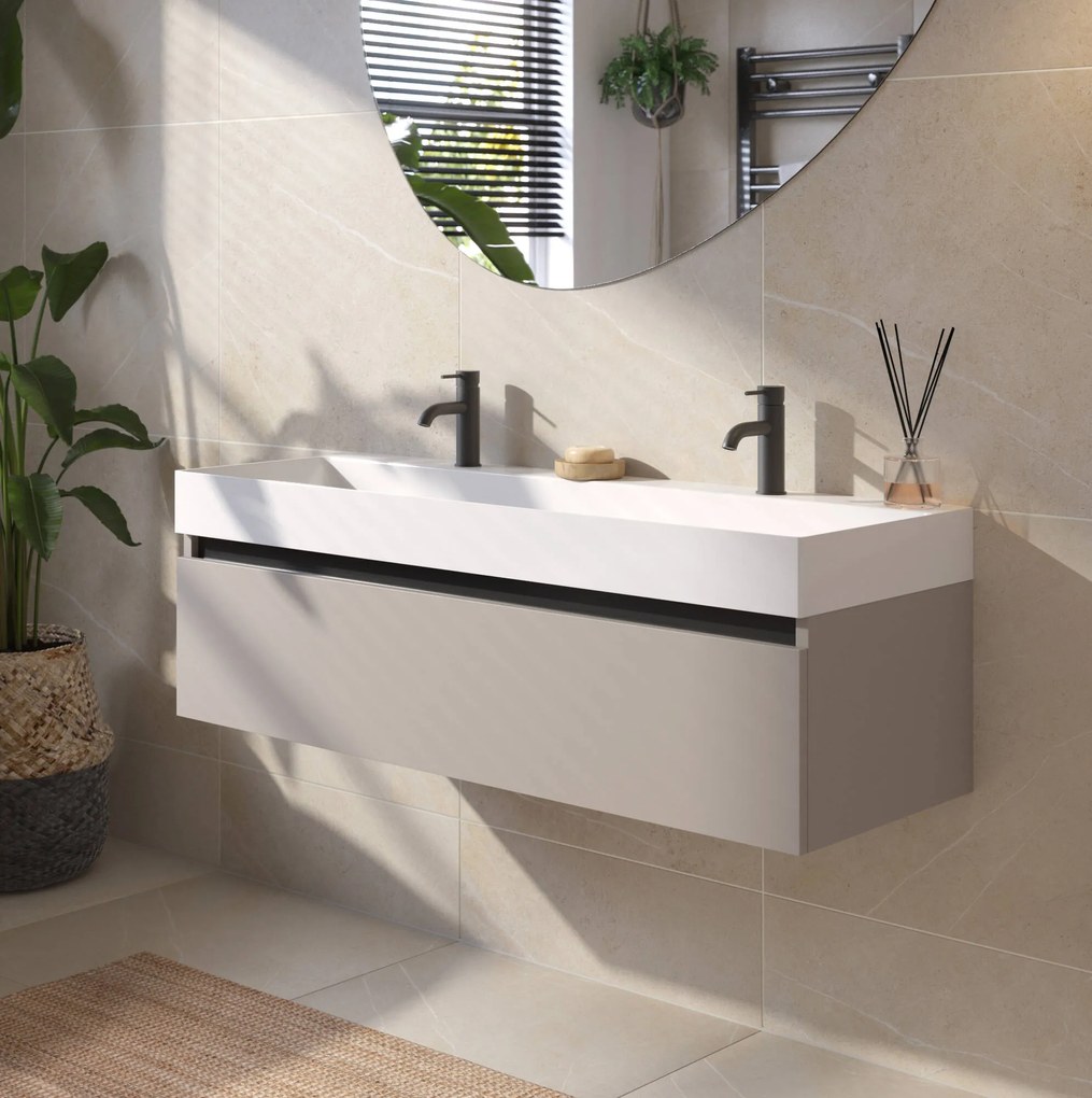 Saqu Gaia badmeubel incl. glans witte wastafel met 2 kraangaten 120x46x39cm mat greige – zwarte greeplijst