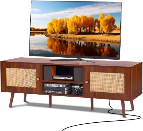 VEVOR Rotan TV-meubel, moderne tv-kast voor 165 cm tv, Boho rotan tv-meubel met ingebouwde stopcontact en USB-poorten, verstelbare planken voor woonkamer, mediaruimte, walnoot