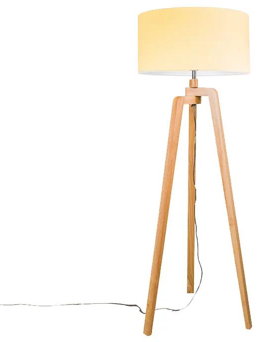Vloerlamp Puros hout met kap 50cm creme wit Landelijk / Rustiek, Modern cilinder / rond Binnenverlichting Lamp
