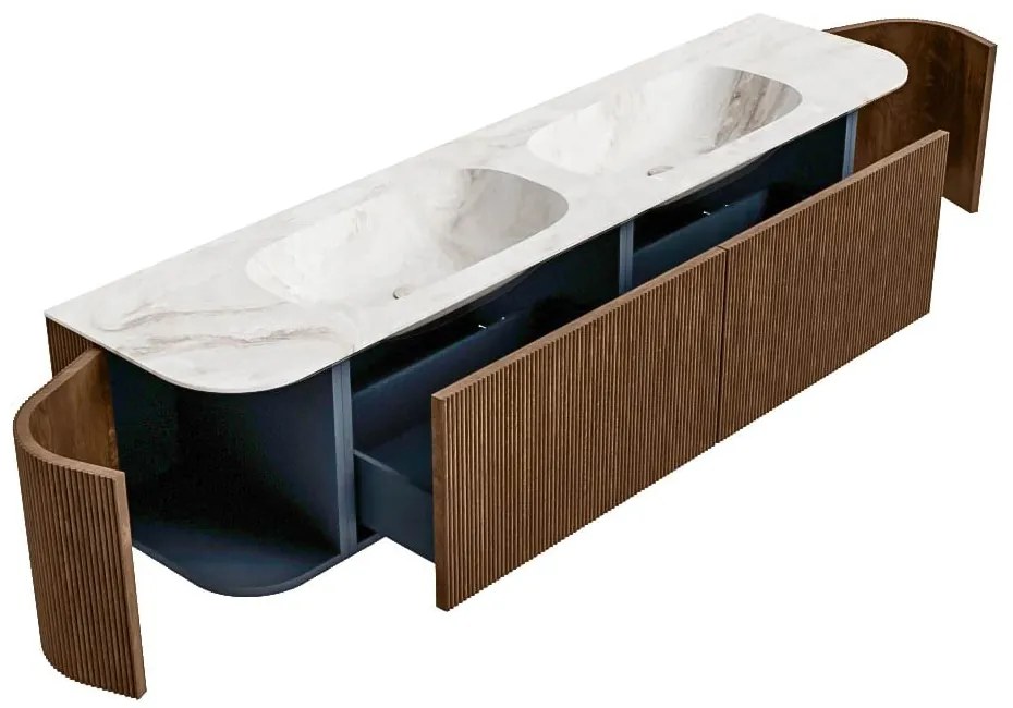 Mondiaz Kurve-dlux 190cm badmeubel ronding links/rechts walnut met 2 lades en deuren en wastafel stor small dubbel 2 kraangaten frappe