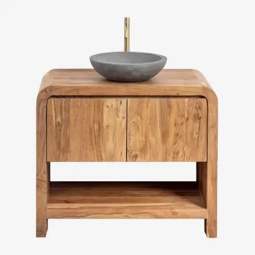Vacry Houten Badkamermeubelset Acacia Bruin & Rond Grijs Cement Ø40 Cm Tarsis & Spiegelloze & Geborsteld Goud ↑30 Cm Met Aftapkraan Zonder Overloop Or