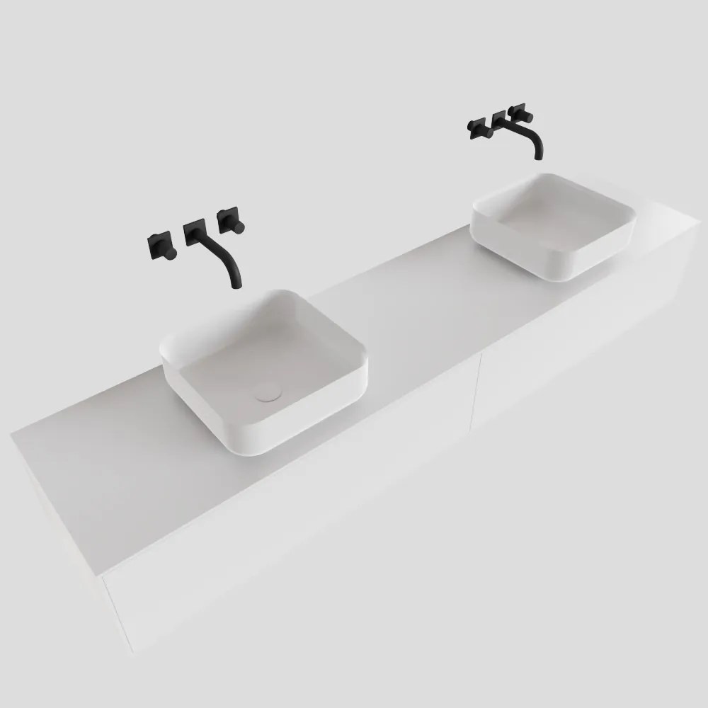 Zaro Lagom volledig naadloos solid surface onderkast met topblad 200cm mat wit met 2 lades Push tot open. Compleet met solid surface opzetkom met 0 kraangat(en)