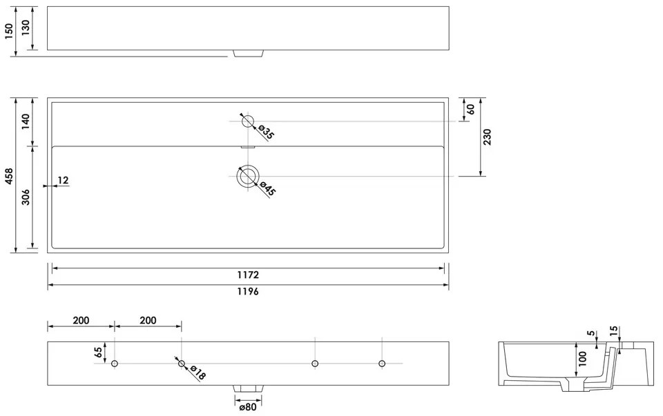 Brauer Gravity enkele wastafel mineraalmarmer 120cm met 1 kraangat wit glans