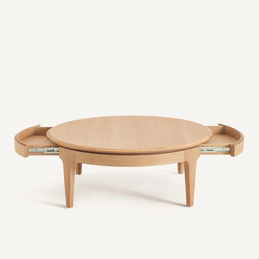 Ronde salontafel, massief eiken en fineer, 2 lades, SANARA