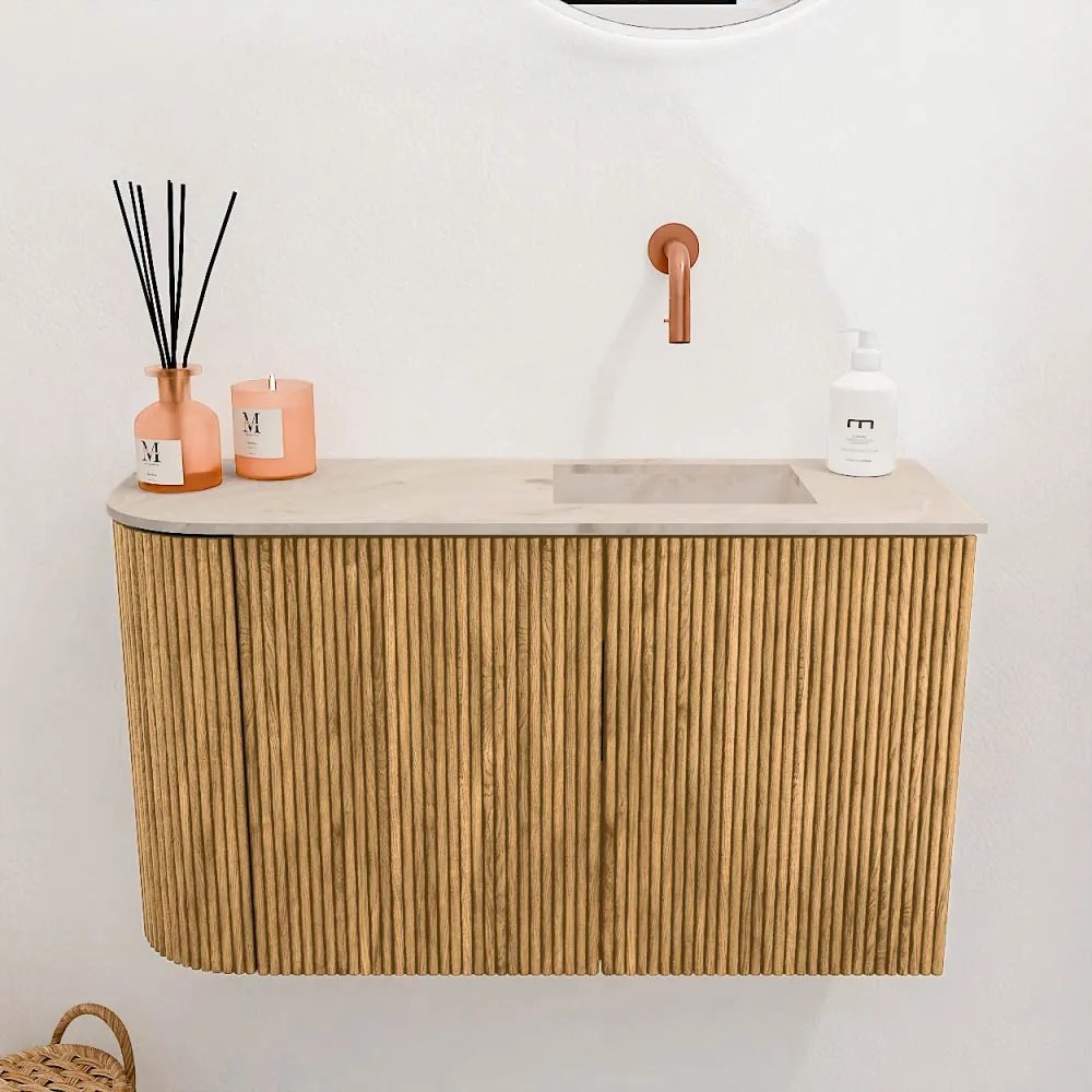 Mondiaz Joya DLux 70cm toiletmeubel ronding links oak met wastafel faye rechts zonder kraangat frappe