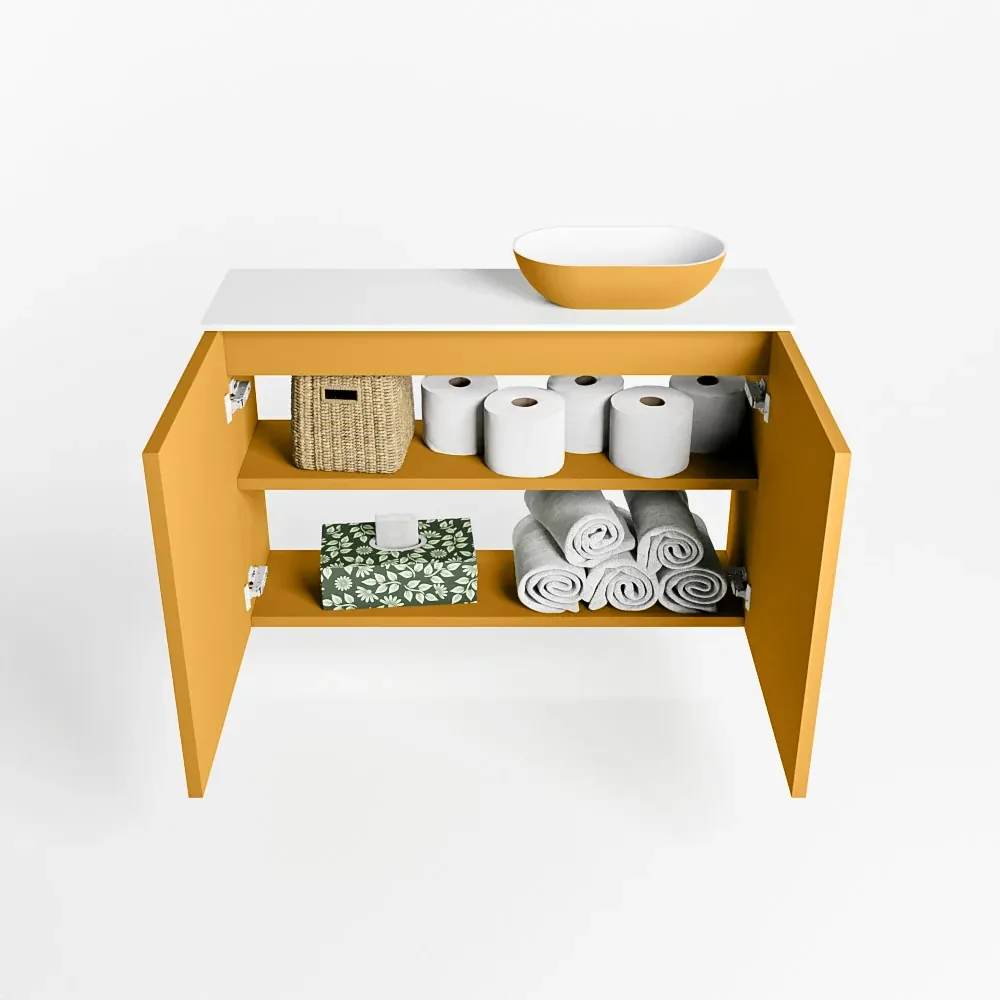 Mondiaz Fowy toiletmeubel 80cm ocher met gele waskom rechts zonder kraangat