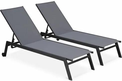 Set van ligstoelen van aluminium en textileen ligbed multipositioneel met wieltjes